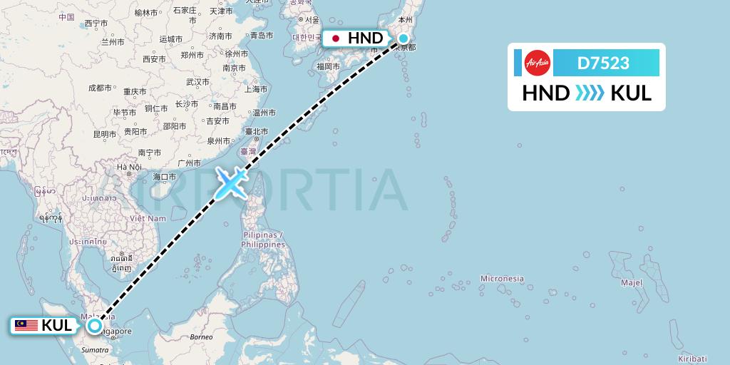D7523 AirAsia X Flight Map: Tokyo to Kuala Lumpur