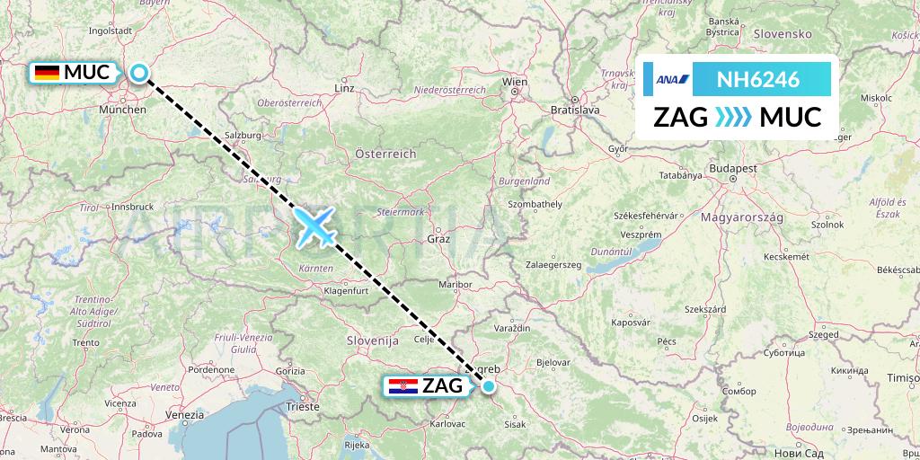 NH6246 All Nippon Airways Flight Map: Zagreb to Munich