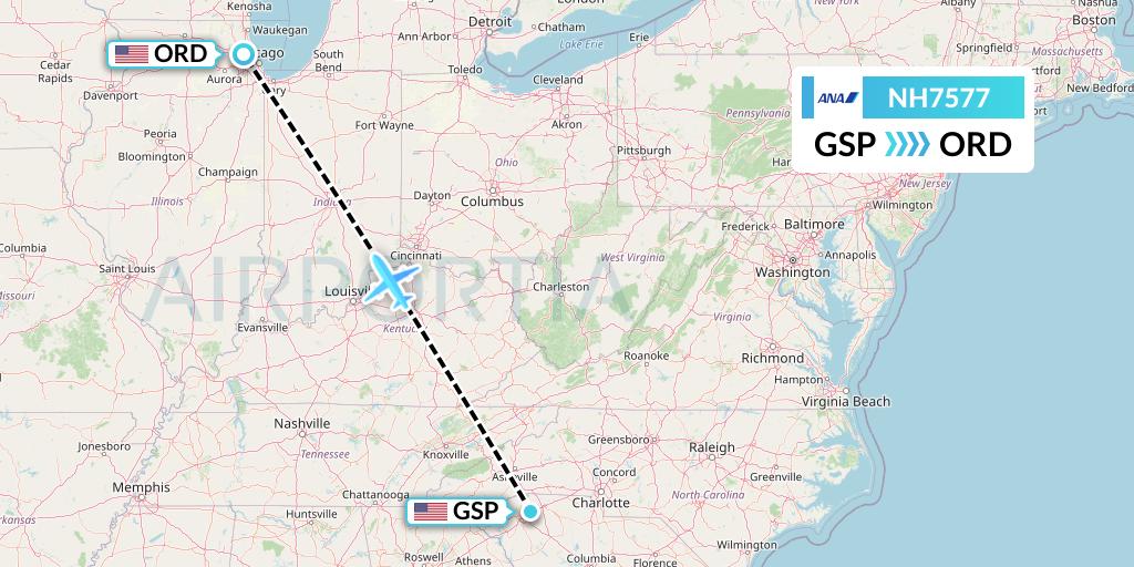 NH7577 All Nippon Airways Flight Map: Greenville-Spartanburg to Chicago