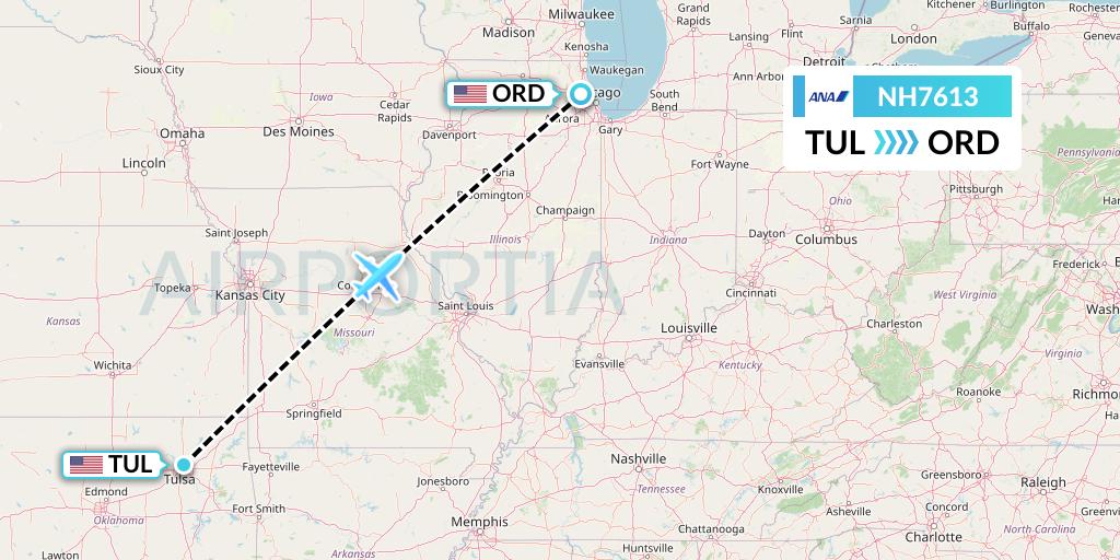 NH7613 All Nippon Airways Flight Map: Tulsa to Chicago