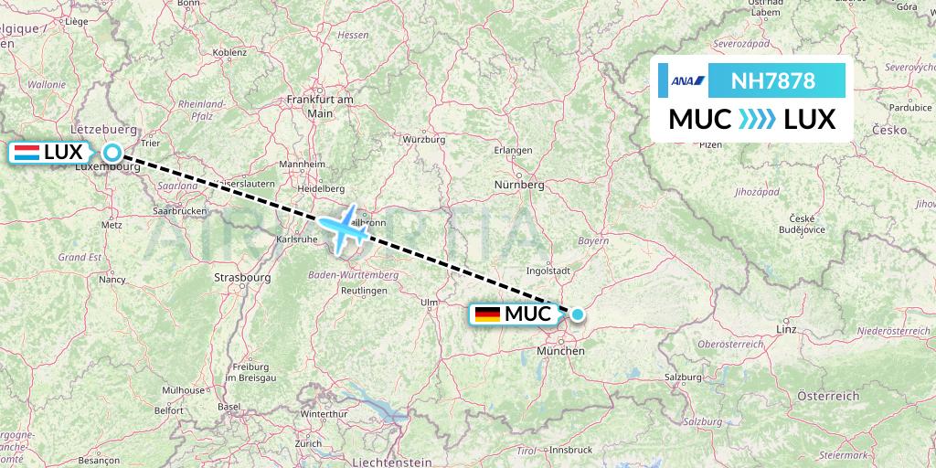 NH7878 All Nippon Airways Flight Map: Munich to Luxembourg