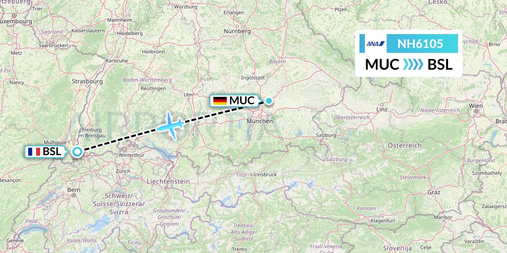 NH6105 All Nippon Airways Flight Map: Munich to Basel