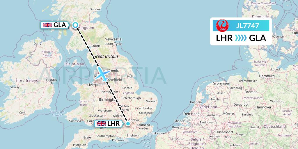 JL7747 Japan Airlines Flight Map: London to Glasgow