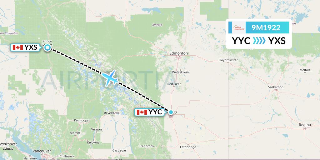 9M1922 Central Mountain Air Flight Map: Calgary to Prince George