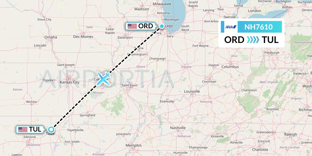 NH7610 All Nippon Airways Flight Map: Chicago to Tulsa