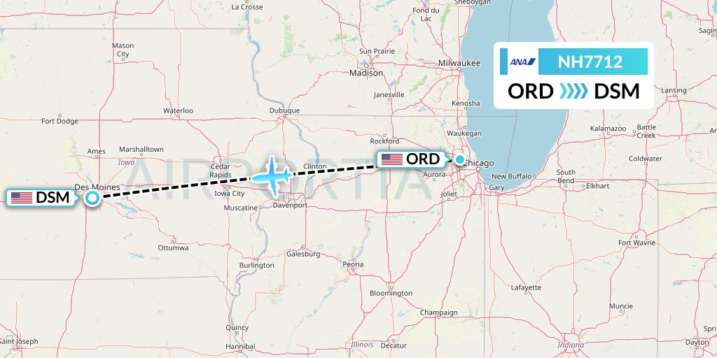 NH7712 All Nippon Airways Flight Map: Chicago to Des Moines