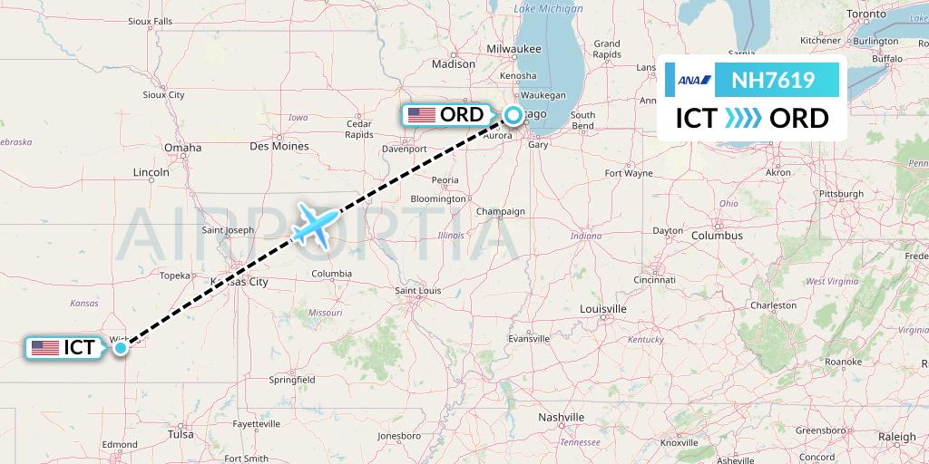 NH7619 All Nippon Airways Flight Map: Wichita to Chicago
