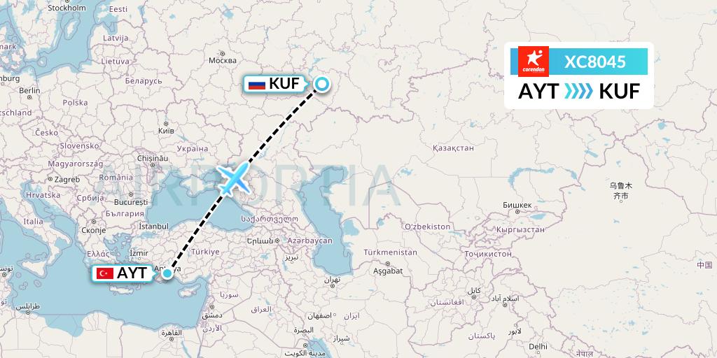 XC8045 Corendon Airlines Flight Map: Antalya to Samara
