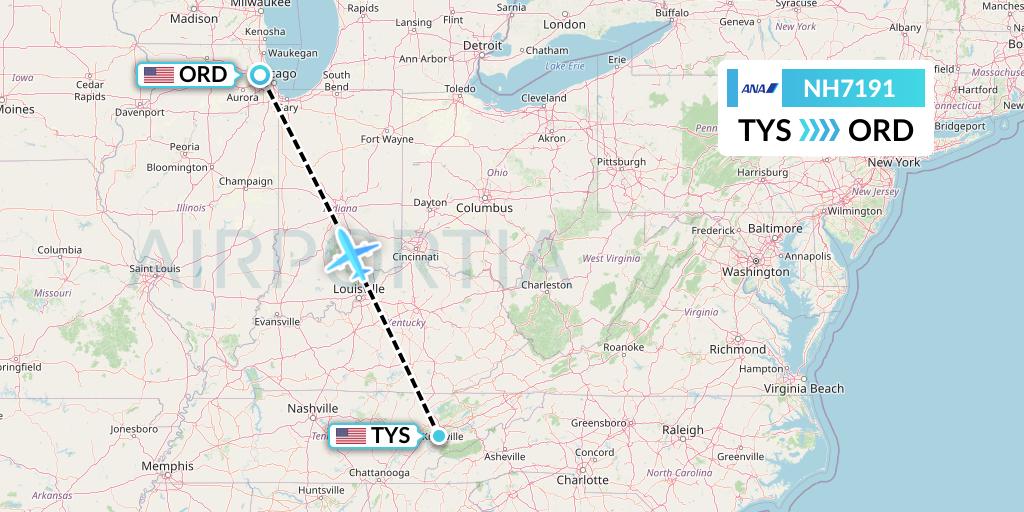 NH7191 All Nippon Airways Flight Map: Knoxville to Chicago
