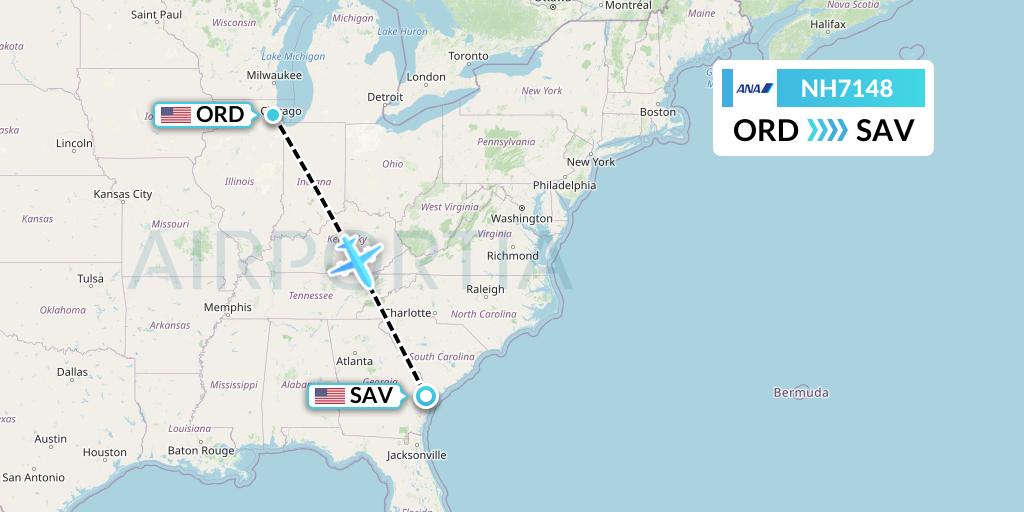 NH7148 All Nippon Airways Flight Map: Chicago to Savannah