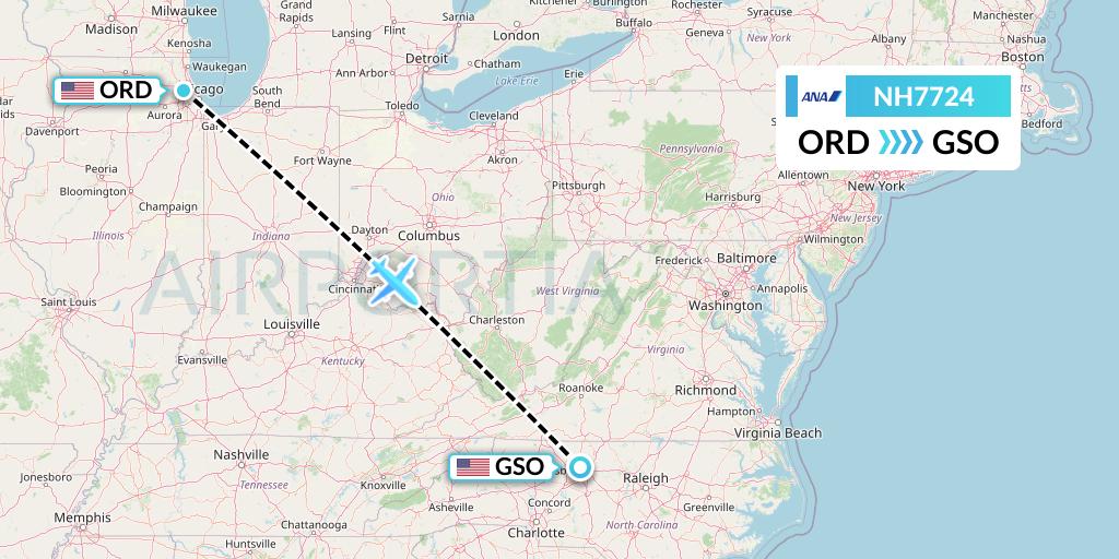 NH7724 All Nippon Airways Flight Map: Chicago to Greensboro