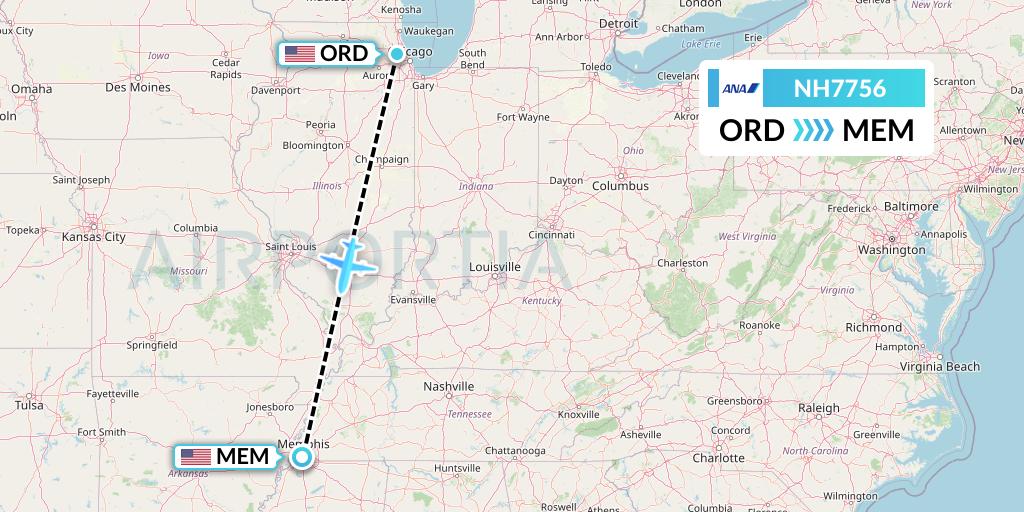 NH7756 All Nippon Airways Flight Map: Chicago to Memphis