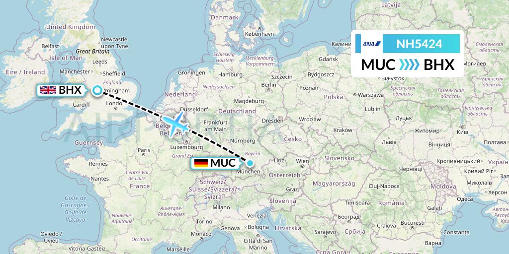 NH5424 All Nippon Airways Flight Map: Munich to Birmingham
