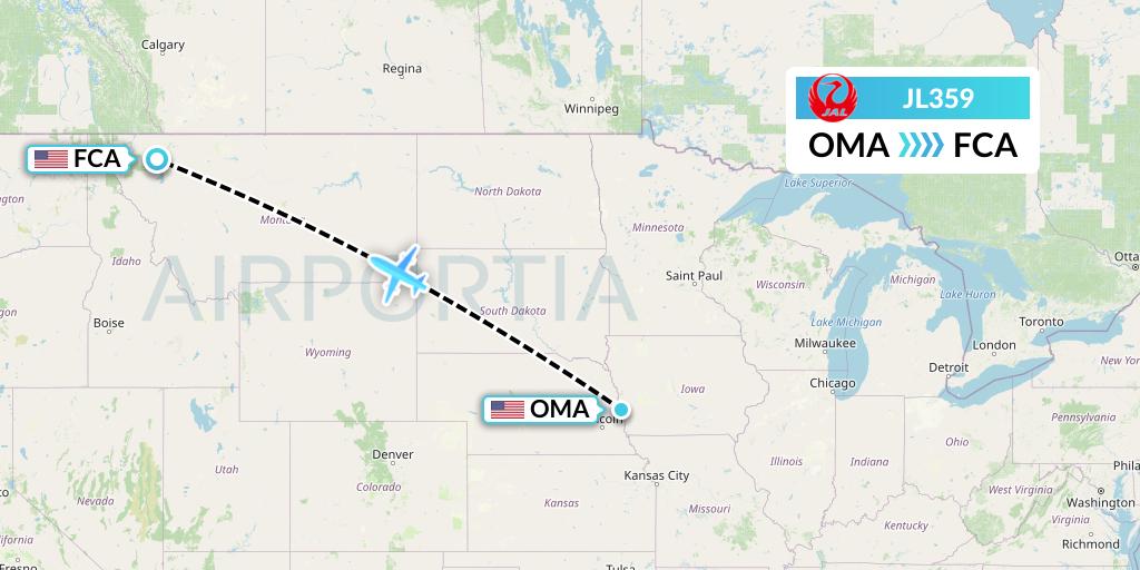 JL359 Japan Airlines Flight Map: Omaha to Kalispell