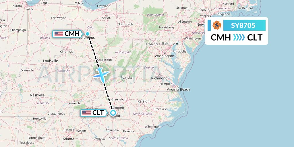 SY8705 Sun Country Airlines Flight Map: Columbus to Charlotte