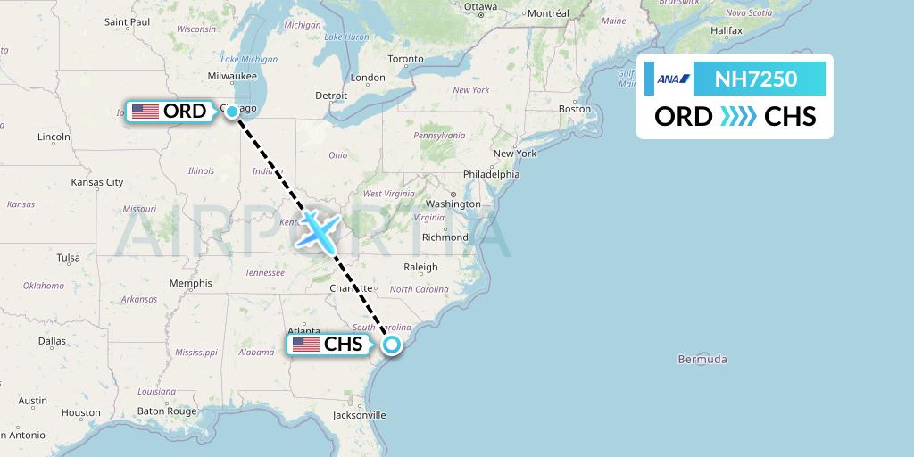 NH7250 All Nippon Airways Flight Map: Chicago to Charleston