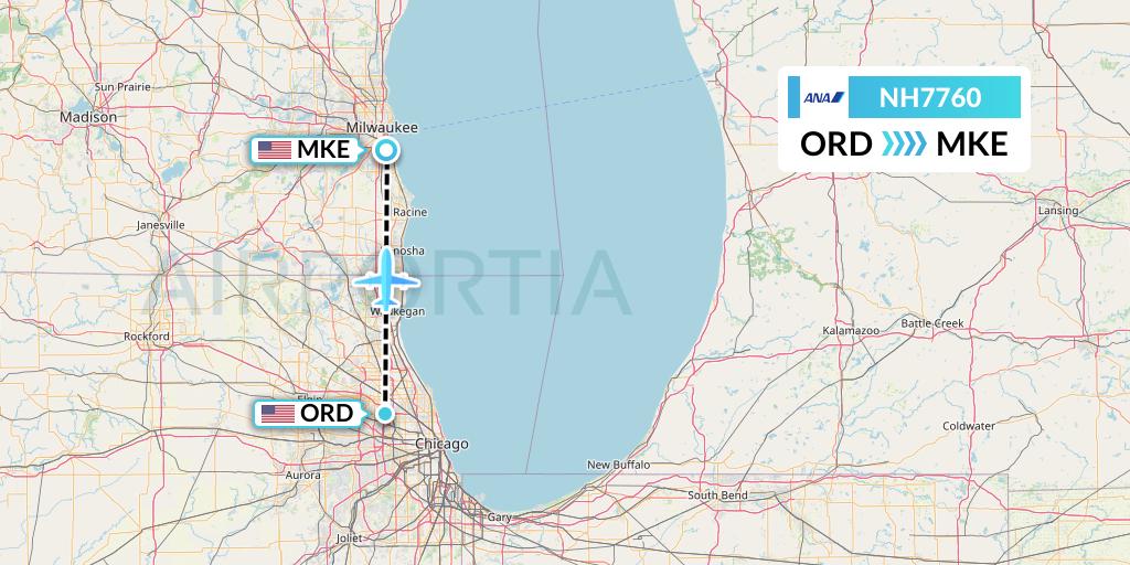 NH7760 All Nippon Airways Flight Map: Chicago to Milwaukee