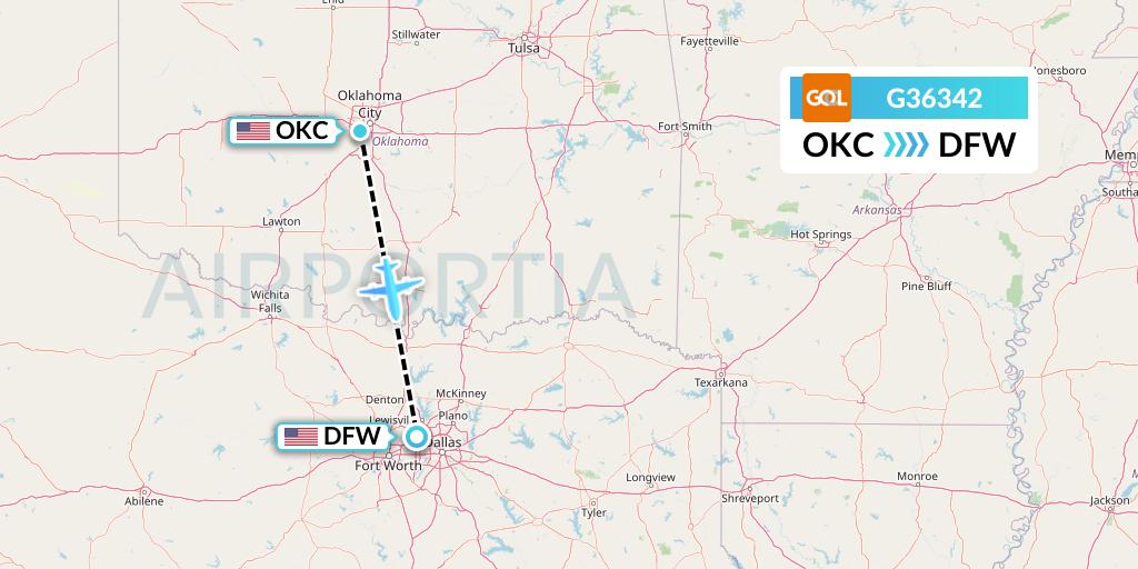 G36342 GOL Transportes Aeros Flight Map: Oklahoma City to Dallas