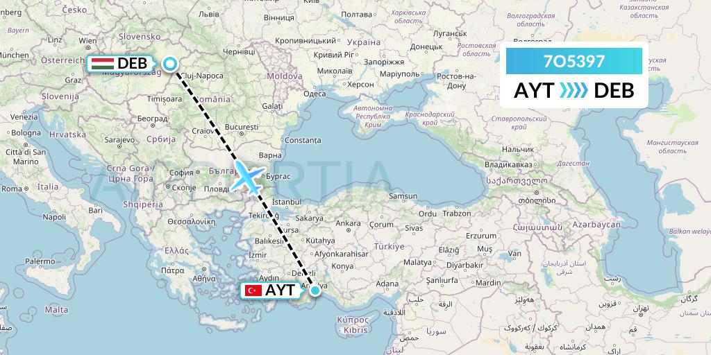7O5397 Travel Service Hungary Flight Map: Antalya to Debrecen