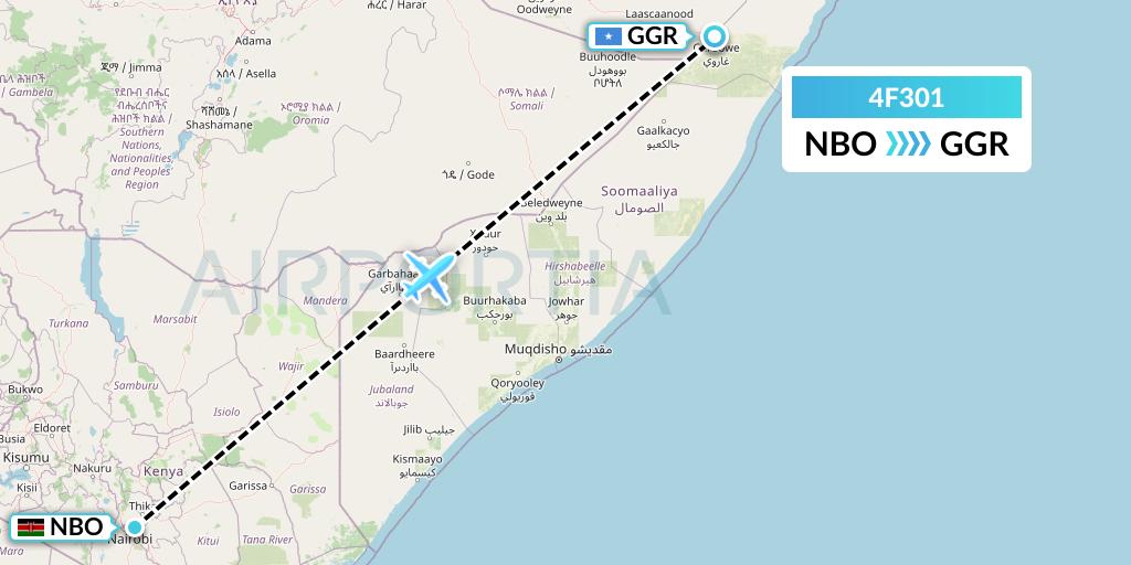 4F301 Freedom Airline Express Flight Map: Nairobi to Garoe