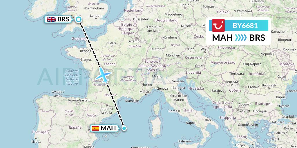 BY6681 TUI Airways Flight Map: Mahon to Bristol