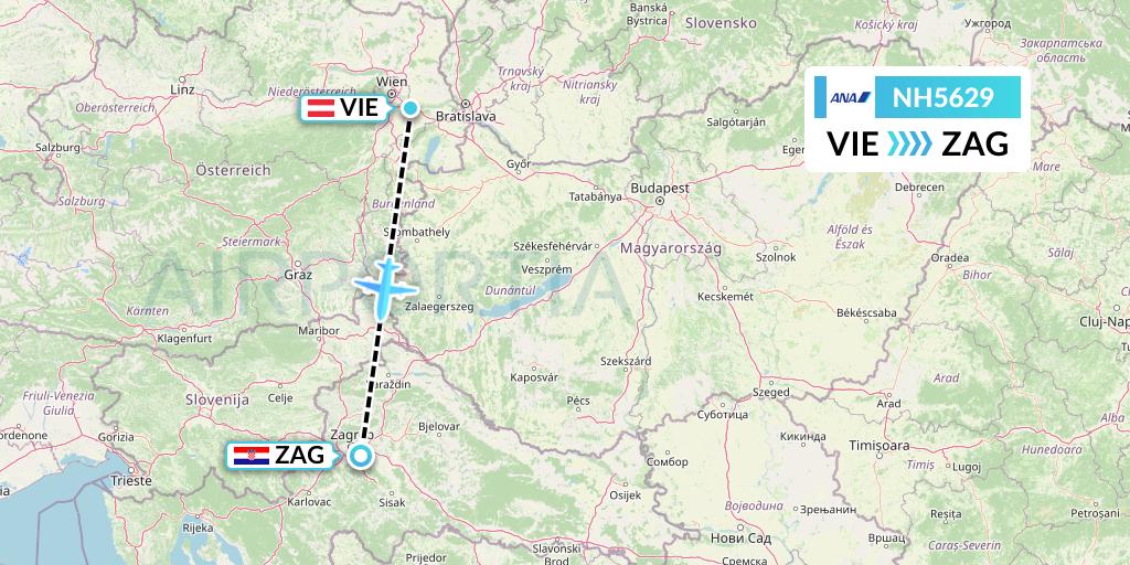 NH5629 All Nippon Airways Flight Map: Vienna to Zagreb