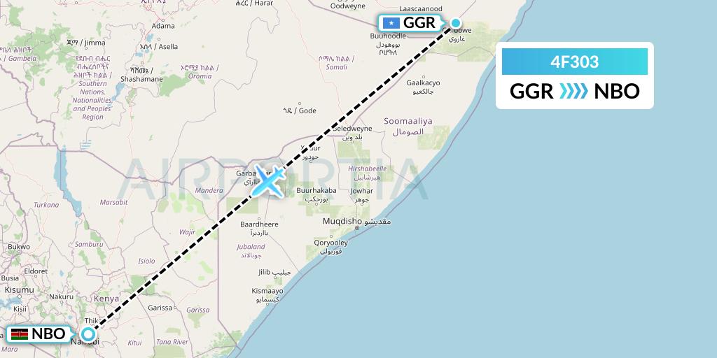 4F303 Freedom Airline Express Flight Map: Garoe to Nairobi