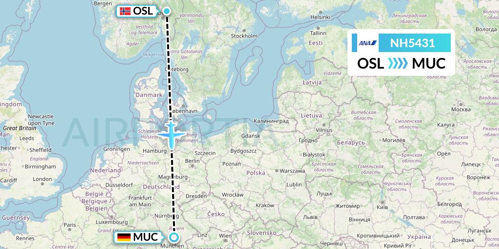 NH5431 All Nippon Airways Flight Map: Oslo to Munich