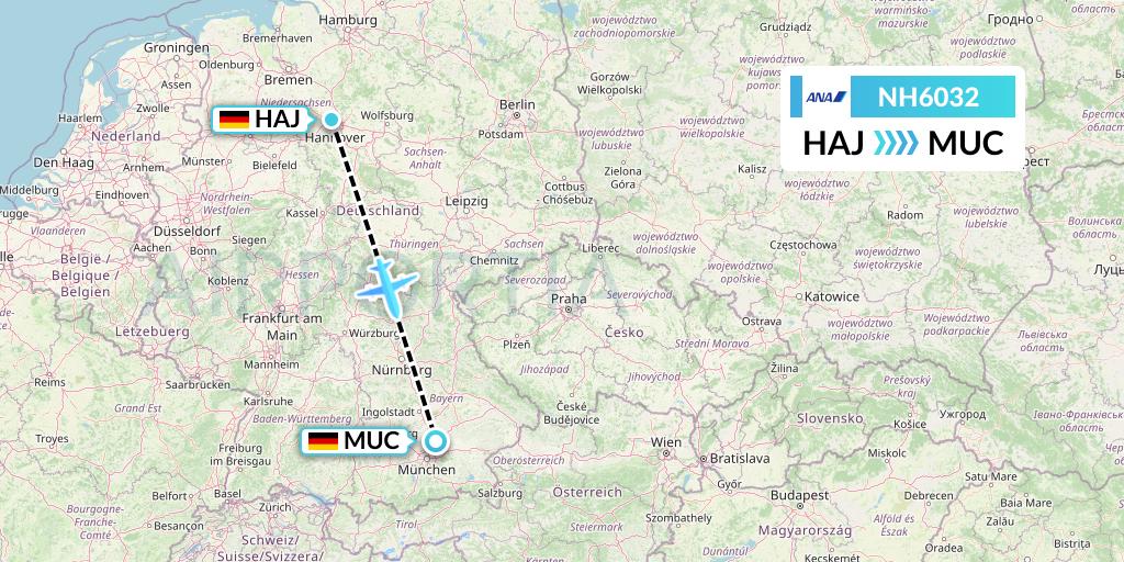 NH6032 All Nippon Airways Flight Map: Hannover to Munich