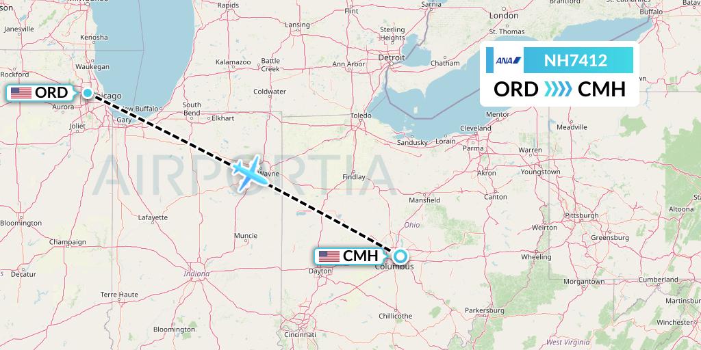 NH7412 All Nippon Airways Flight Map: Chicago to Columbus