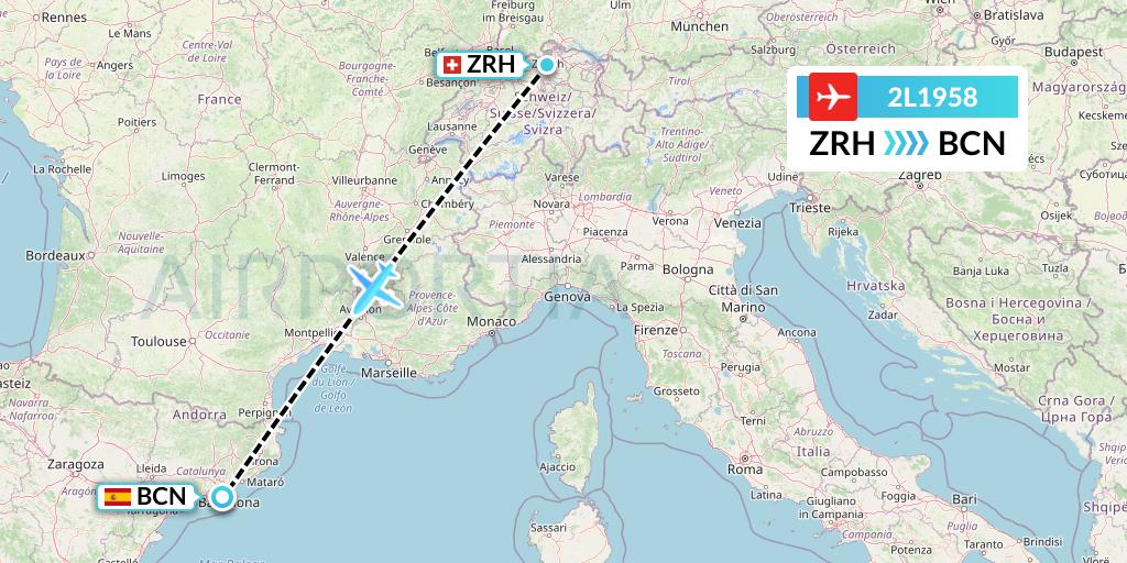 2L1958 Helvetic Airways Flight Map: Zurich to Barcelona