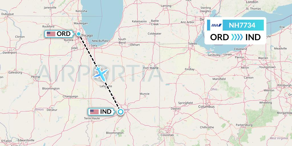 NH7734 All Nippon Airways Flight Map: Chicago to Indianapolis