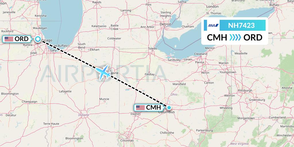 NH7423 All Nippon Airways Flight Map: Columbus to Chicago