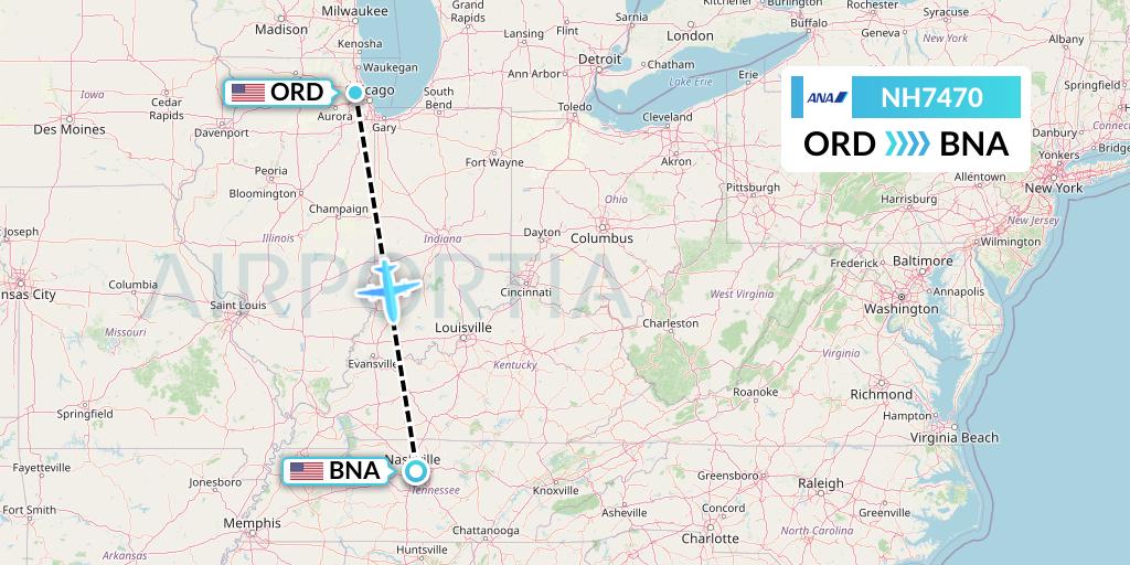 NH7470 All Nippon Airways Flight Map: Chicago to Nashville
