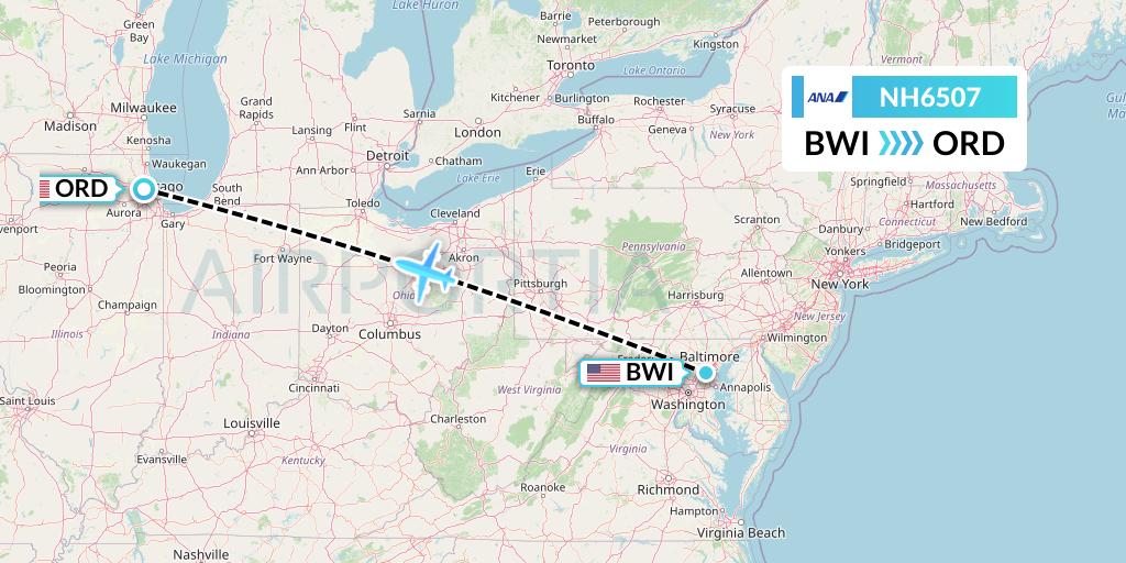 NH6507 All Nippon Airways Flight Map: Baltimore to Chicago
