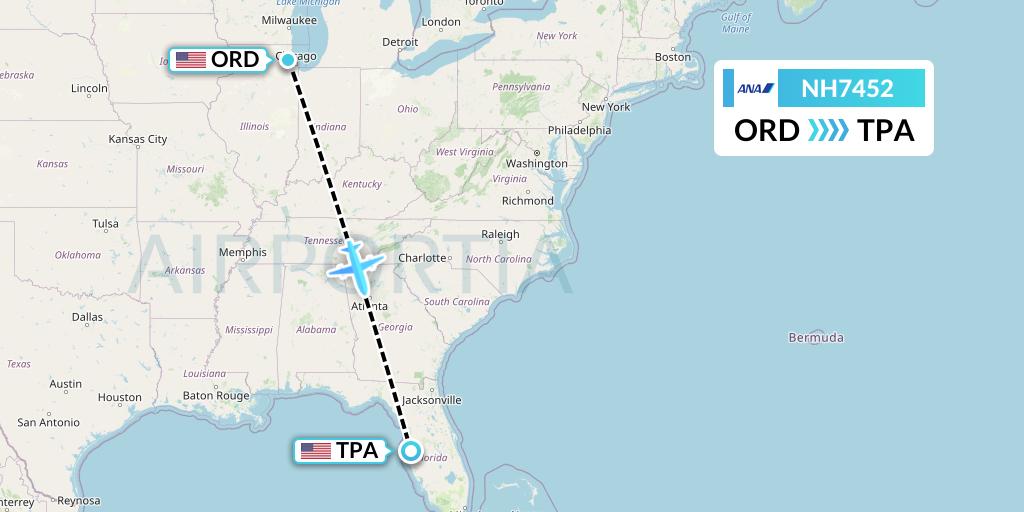 NH7452 All Nippon Airways Flight Map: Chicago to Tampa