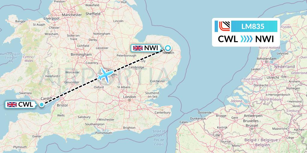 LM835 Loganair Flight Map: Cardiff to Norwich
