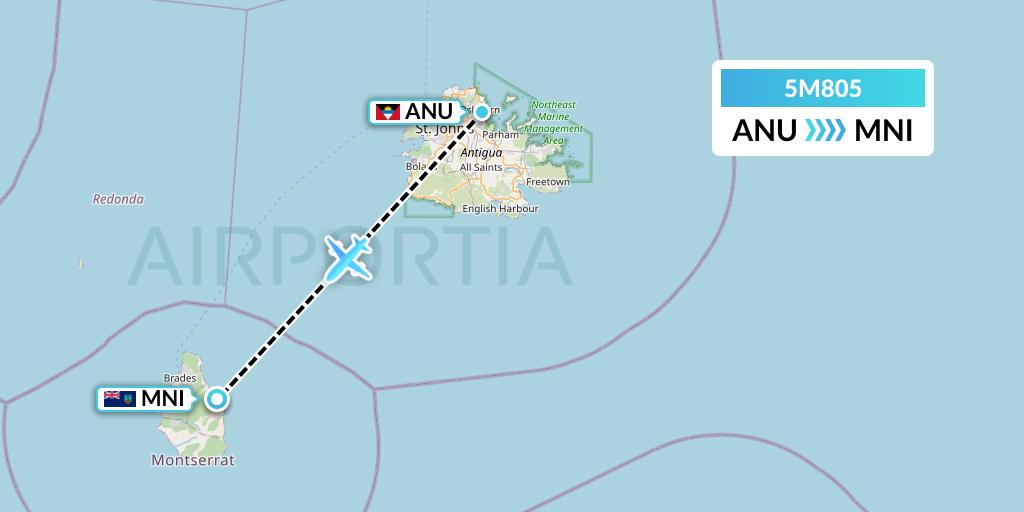 5M805 Montserrat Airways Flight Map: Antigua to Plymouth