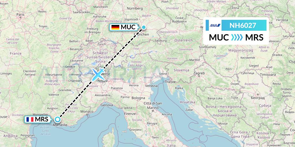 NH6027 All Nippon Airways Flight Map: Munich to Marseille