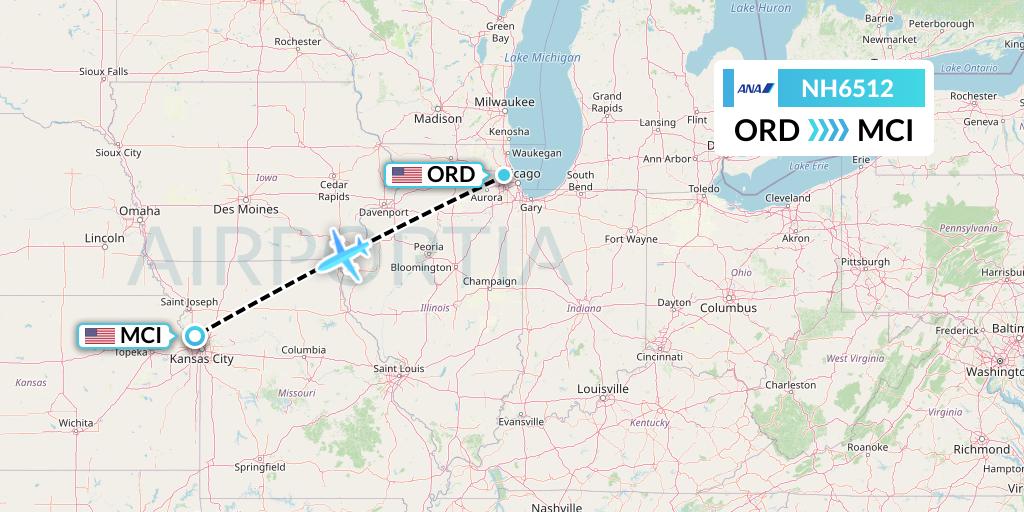 NH6512 All Nippon Airways Flight Map: Chicago to Kansas City