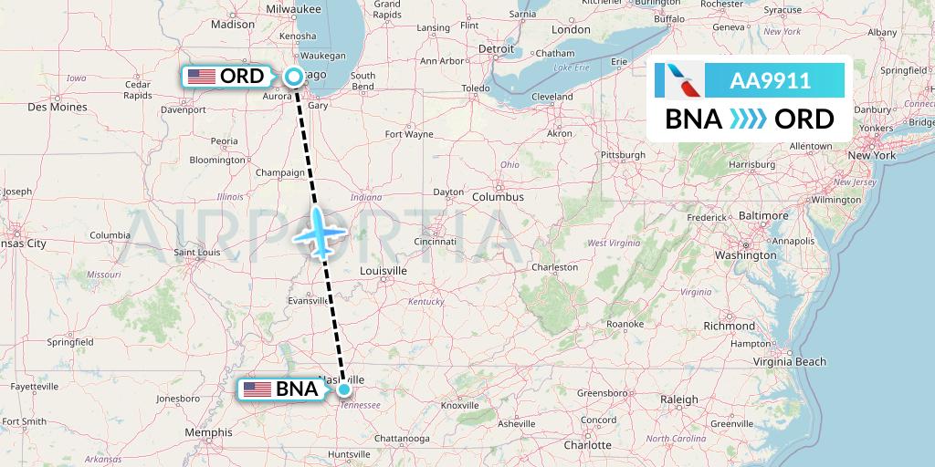 AA9911 American Airlines Flight Map: Nashville to Chicago