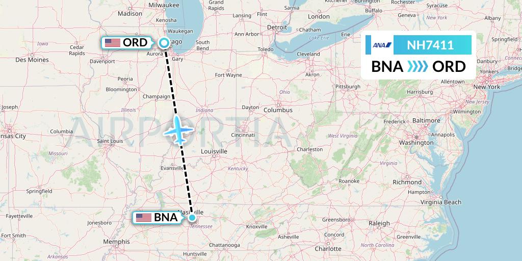 NH7411 All Nippon Airways Flight Map: Nashville to Chicago