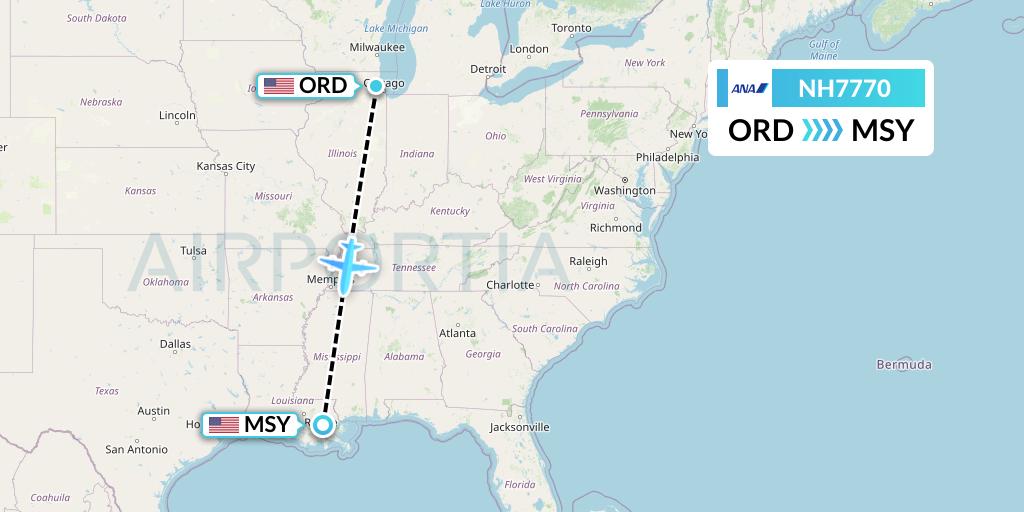 NH7770 All Nippon Airways Flight Map: Chicago to New Orleans