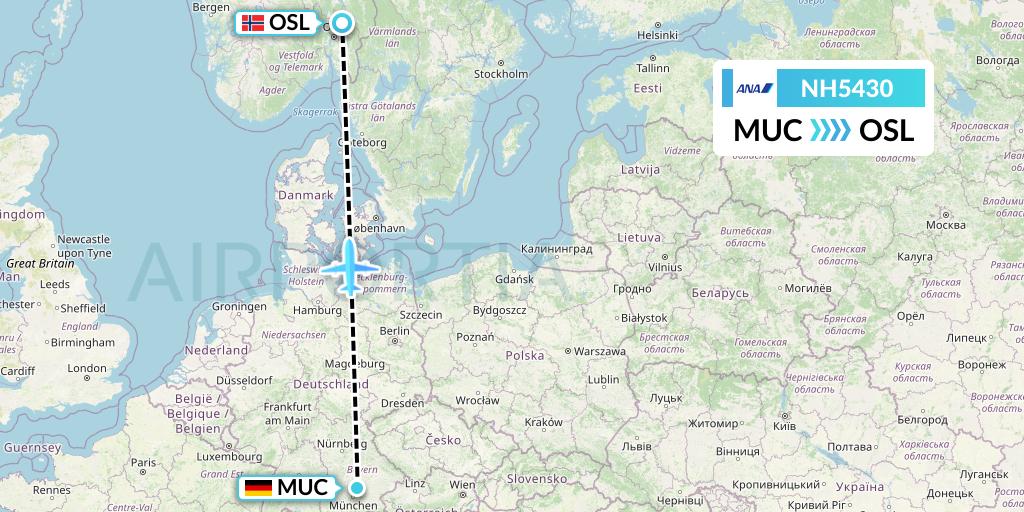 NH5430 All Nippon Airways Flight Map: Munich to Oslo