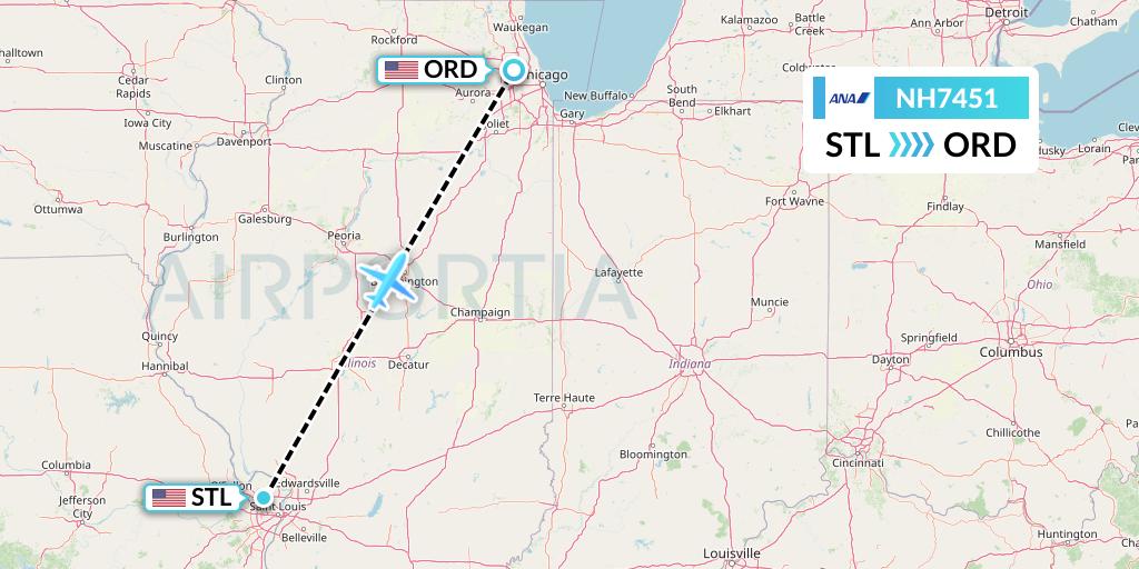 NH7451 All Nippon Airways Flight Map: St. Louis to Chicago