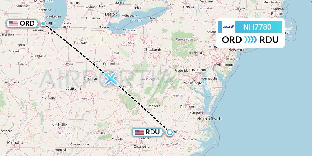NH7780 All Nippon Airways Flight Map: Chicago to Raleigh-Durham