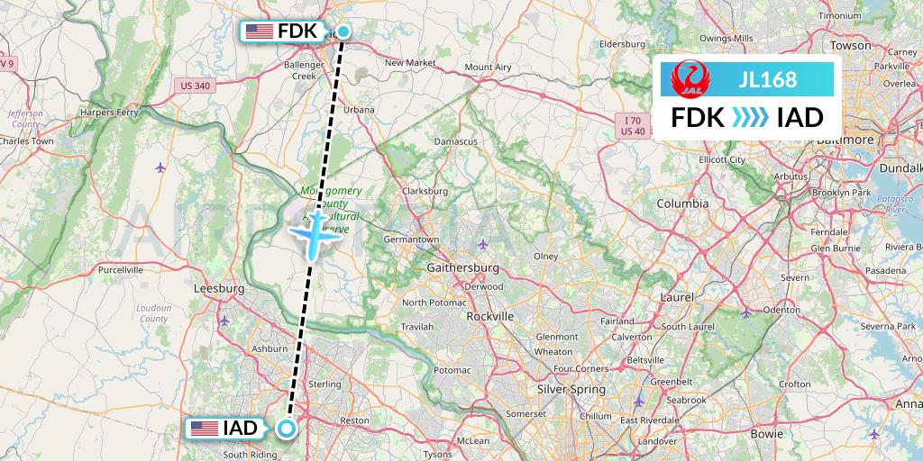 JL168 Japan Airlines Flight Map: Frederick to Washington