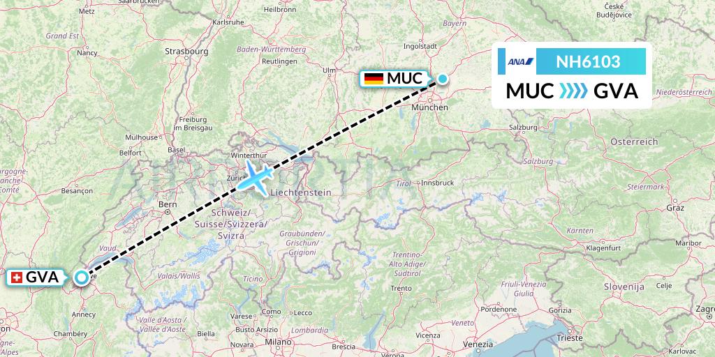 NH6103 All Nippon Airways Flight Map: Munich to Geneva
