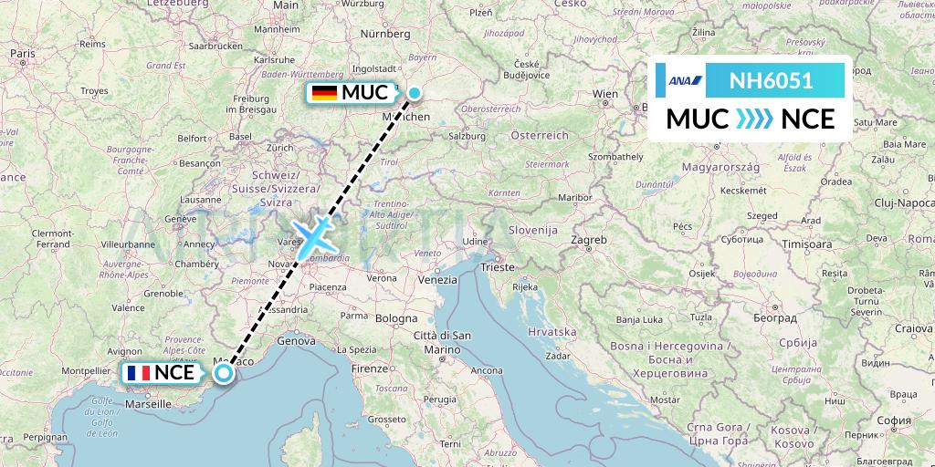 NH6051 All Nippon Airways Flight Map: Munich to Nice