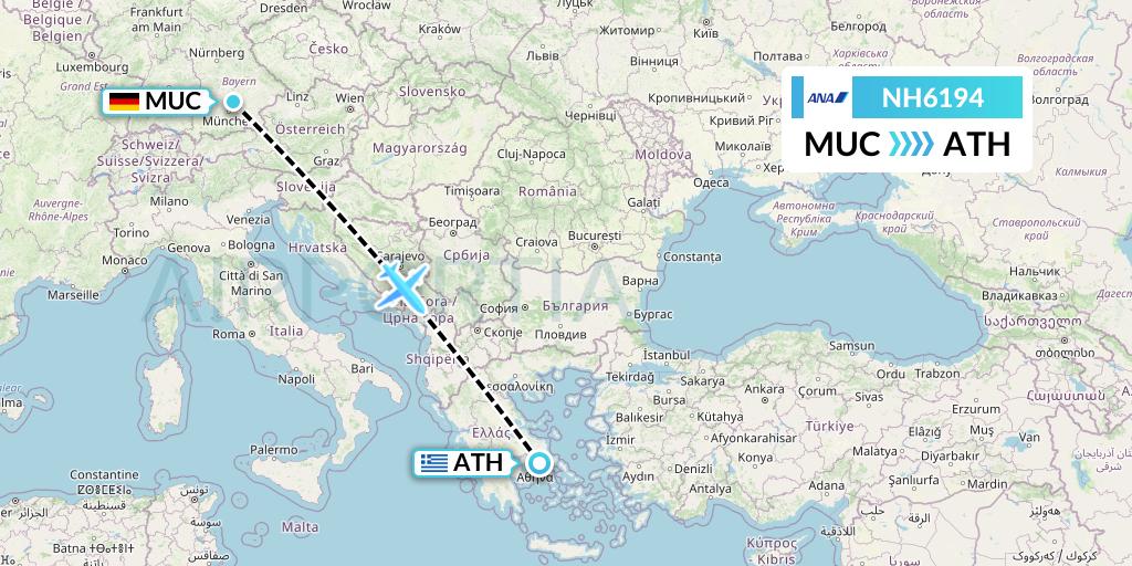 NH6194 All Nippon Airways Flight Map: Munich to Athens